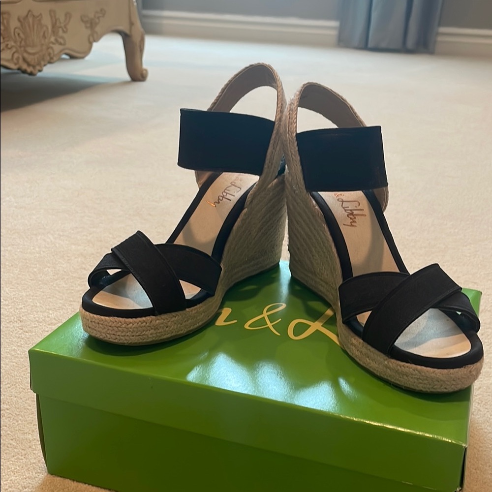 Sam & Libby Black Espadrille Wedges with Fabric Straps